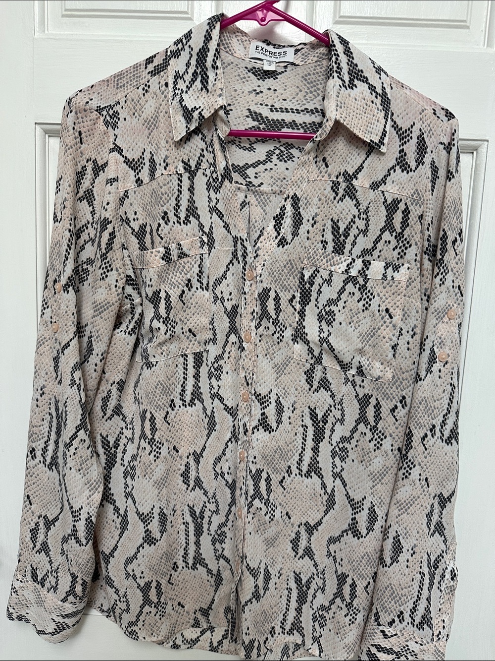Express Beige/light Pink and Black Snake Print Button-Up Shirt